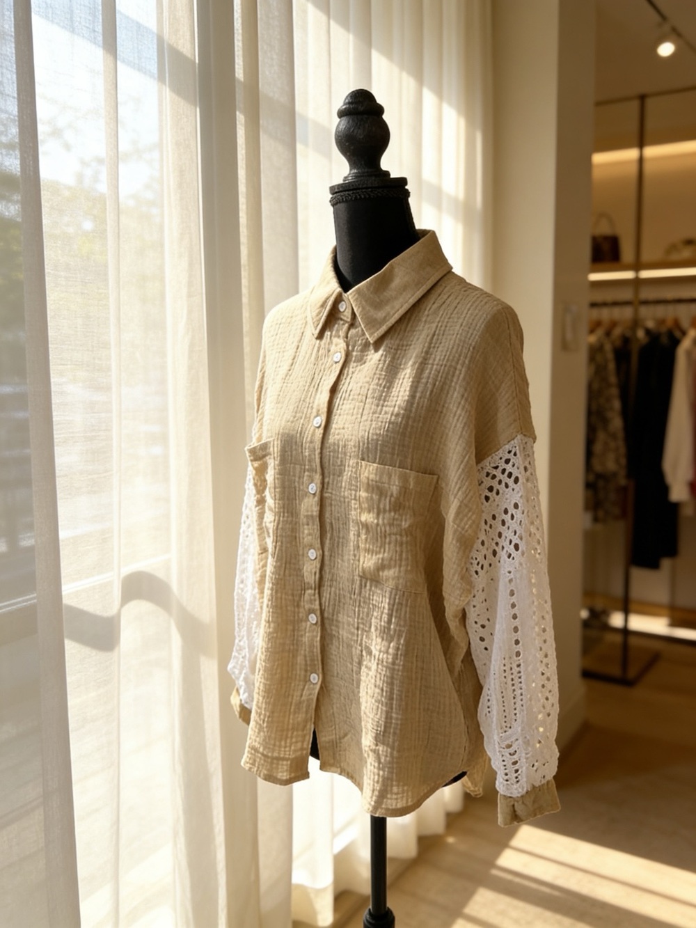 Neutral Cream Button-Front Shirt with White Eyelet Sleeves